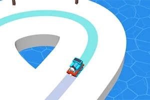 白い曲がりくねった道を走る青い小型の車両と、その周囲に広がる青い水面。