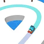 白い曲がりくねった道を走る青い小型の車両と、その周囲に広がる青い水面。