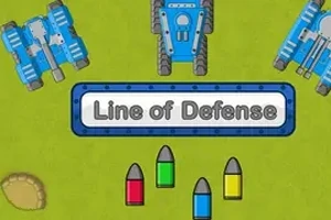3台の青い戦車が緑の背景に並び、「Line of Defense」のテキストが中央に表示されている。