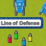 3台の青い戦車が緑の背景に並び、「Line of Defense」のテキストが中央に表示されている。