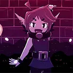 紫色の背景の中でキャラクターが中央に立ち、光る球体が周囲に浮いている。