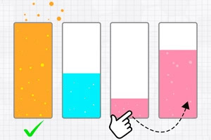 4つの縦長のバーが並んでいて、それぞれに異なる色と量の液体が入っており、手と矢印アイコンが指している。
