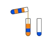3つの試験管があり、1つの試験管からオレンジ色と青色の液体が注がれている。