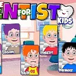 カラフルな文字と6人のキャラクターが描かれた歯科医のテーマのイラスト。