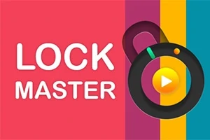 カラフルな背景に「LOCK MASTER」のテキストとロックモチーフのアイコンが描かれている。