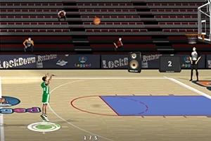 バスケットボールコートで緑のユニフォームを着た選手がシュートを放つシーン。