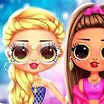 大きな目のキャラクターが2人、カラフルな背景の前でポーズをとっているイラスト。