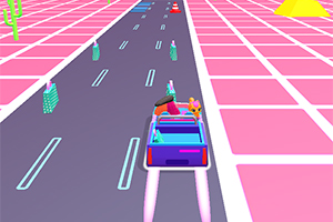 ピンク色のグリッド状の背景に、真ん中の道を走る紫色の車。