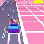 ピンク色のグリッド状の背景に、真ん中の道を走る紫色の車。