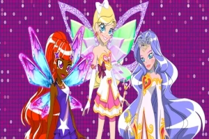 3人の妖精が鮮やかな背景の前に立っているイラスト。