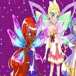 3人の妖精が鮮やかな背景の前に立っているイラスト。