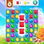 カラフルなキャンディーのマッチングパズルゲーム画面とかわいいキャラクターが描かれたイラスト。