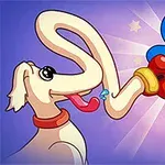 青いキャラクターが赤いボクシンググローブをつけて犬と向かい合っているイラスト。