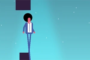 青い背景に、アフロヘアのキャラクターが黒いブロックの上に立っている。
