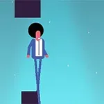 青い背景に、アフロヘアのキャラクターが黒いブロックの上に立っている。