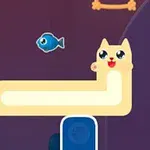 猫の顔を持つ長い体の生物が魚を見ているイラスト。