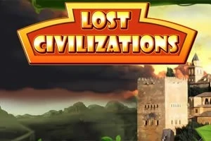 黄色とオレンジ色の「LOST CIVILIZATIONS」の文字と古代の城の風景。