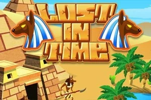 ピラミッドとヤシの木がある砂漠の風景に、「LOST IN TIME」という文字とアヌビスのイラスト。