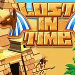 ピラミッドとヤシの木がある砂漠の風景に、「LOST IN TIME」という文字とアヌビスのイラスト。