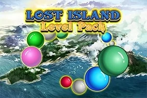 カラフルなボールが空中に浮かんでおり、後ろには青い海と緑の島々の背景が描かれている。