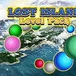 カラフルなボールが空中に浮かんでおり、後ろには青い海と緑の島々の背景が描かれている。
