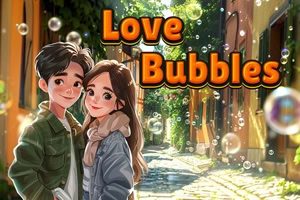 石畳の街並みで寄り添う若い男女と、周囲に浮かぶシャボン玉、「Love Bubbles」の文字