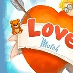 大きな赤いハートに射られた矢と「Love Match」と書かれたリボン、クマのぬいぐるみ、天使の翼を持つ二人のキャラクター。