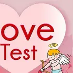 大きなハートの中に赤い文字で「Love Test」と書かれ、右下には弓矢を持った天使がいるイラスト。