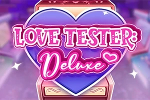 ハート型の背景に「LOVE TESTER: Deluxe」と書かれたピンクと紫のデザイン。