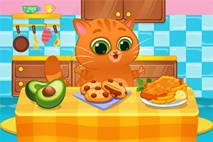 オレンジ色の猫がキッチンでアボカド、ソーセージ、揚げ物の料理が並べられたテーブルに座っている。