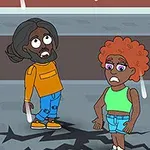 二人のキャラクターが道路の割れ目に驚いている様子。
