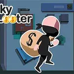 黒い覆面をしたキャラクターが大きなドルマークの付いた袋を背負っているイラスト。