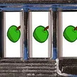 スロットマシンの3つのリールに同じ緑のリンゴの絵柄が揃っている画像。