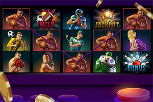 さまざまなスポーツ選手と「WILD」「JACKPOT」「BONUS」の文字が描かれたスロットマシン。