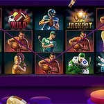 さまざまなスポーツ選手と「WILD」「JACKPOT」「BONUS」の文字が描かれたスロットマシン。