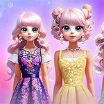 3人のアニメ風の少女が華やかなドレスを身にまとい、カラフルな背景の前に立っている。