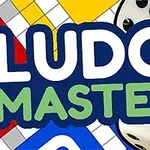 カラフルなボードゲームのパーツと複数のサイコロ、中央に「LUDO MASTER」の文字。