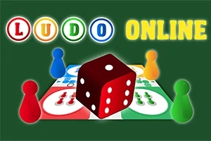 色とりどりの駒と赤いサイコロが中央に置かれたボードゲームと「LUDO ONLINE」の文字。