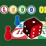 色とりどりの駒と赤いサイコロが中央に置かれたボードゲームと「LUDO ONLINE」の文字。