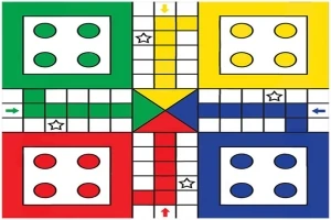 カラフルな四つのエリアに区切られたボードゲームの盤面で、緑、黄、赤、青のエリアがそれぞれ異なる色の丸が四つずつ配置されている。