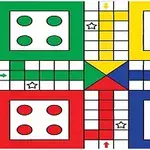 カラフルな四つのエリアに区切られたボードゲームの盤面で、緑、黄、赤、青のエリアがそれぞれ異なる色の丸が四つずつ配置されている。