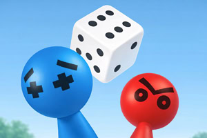 青空を背景に、白いサイコロと、顔にバツ印のある青い人形と怒った表情の赤い人形が並んでいる。