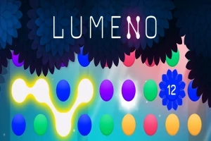 色とりどりの円が並んだパズルゲームの画面で、上部に「LUMENO」の文字があり、背景に葉が広がっている。