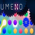 色とりどりの円が並んだパズルゲームの画面で、上部に「LUMENO」の文字があり、背景に葉が広がっている。