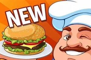 シェフのイラストがウィンクしながらハンバーガーを持っている。