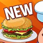 シェフのイラストがウィンクしながらハンバーガーを持っている。