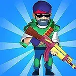 青い背景に、サングラスと赤いバンダナを着けたキャラクターが銃を構えている。