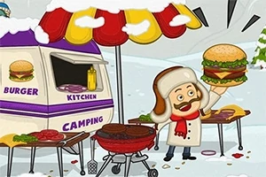 雪景色の中で、キャンピングカーの横に立つコックが大きなハンバーガーを持ち、バーベキューグリルの上に肉を焼いているイラスト。