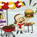 雪景色の中で、キャンピングカーの横に立つコックが大きなハンバーガーを持ち、バーベキューグリルの上に肉を焼いているイラスト。