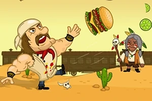 筋肉質の男性が砂漠でハンバーガーを投げ、その後ろに列車と祖母のキャラクターがいる。